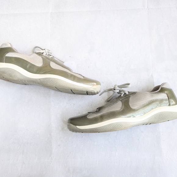 Prada America's Cup Sneakers Olive Green Patent Leather 12 Silver Low Tops